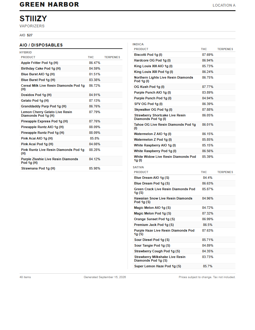 A real branded product menu generated on demand, listing dozens of in-stock vaporizer products by strain