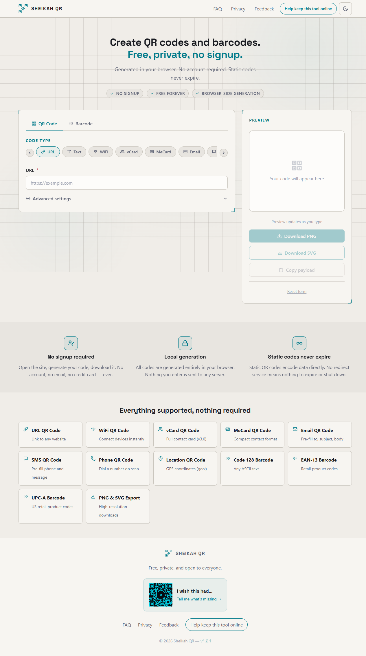 Sheikah QR landing page with the QR code generator form and a live preview panel